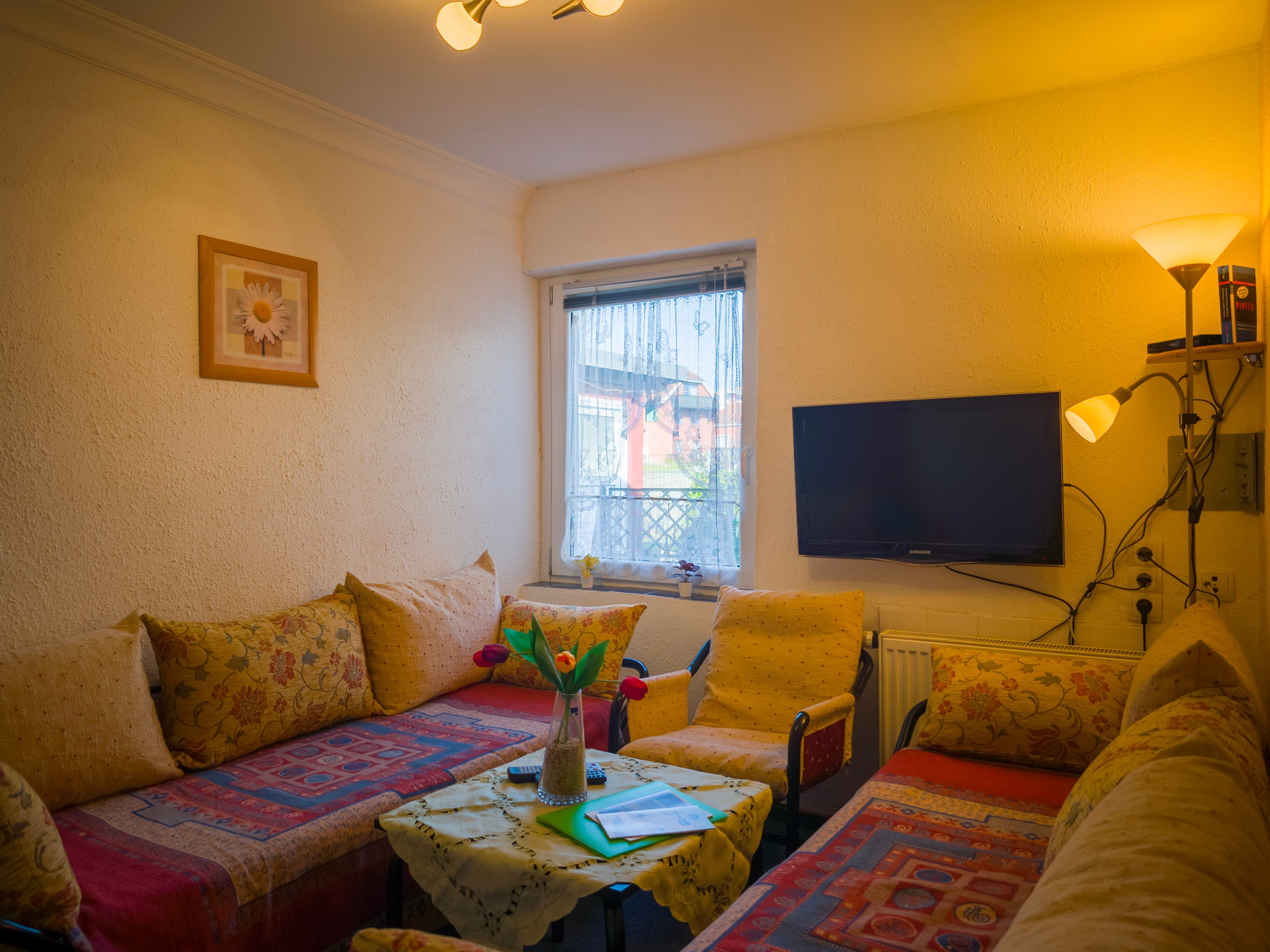Bungalow 1 - Wohn-/Schlafraum mit Sofas und TV